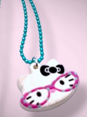 Cute Sanrio Nerd Hello Kitty With Glasses Pendant on Turquoise Bead Necklace